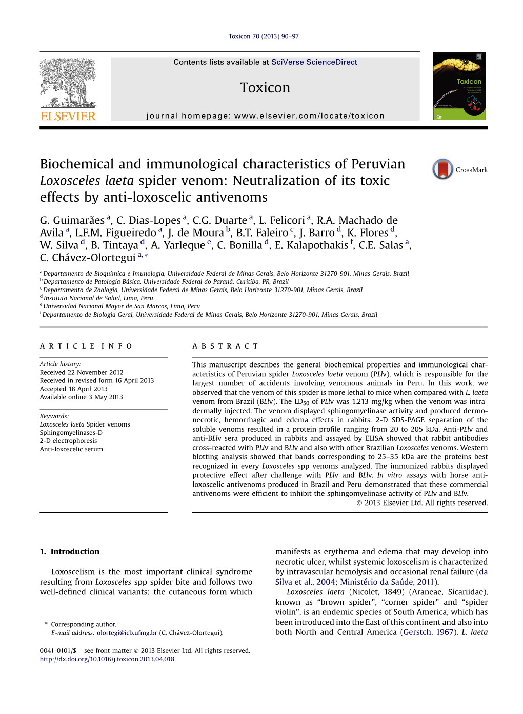 Biochemical and Immunological Characteristics of Peruvian Loxosceles Laeta Spider Venom: Neutralization of Its Toxic Effects by Anti-Loxoscelic Antivenoms