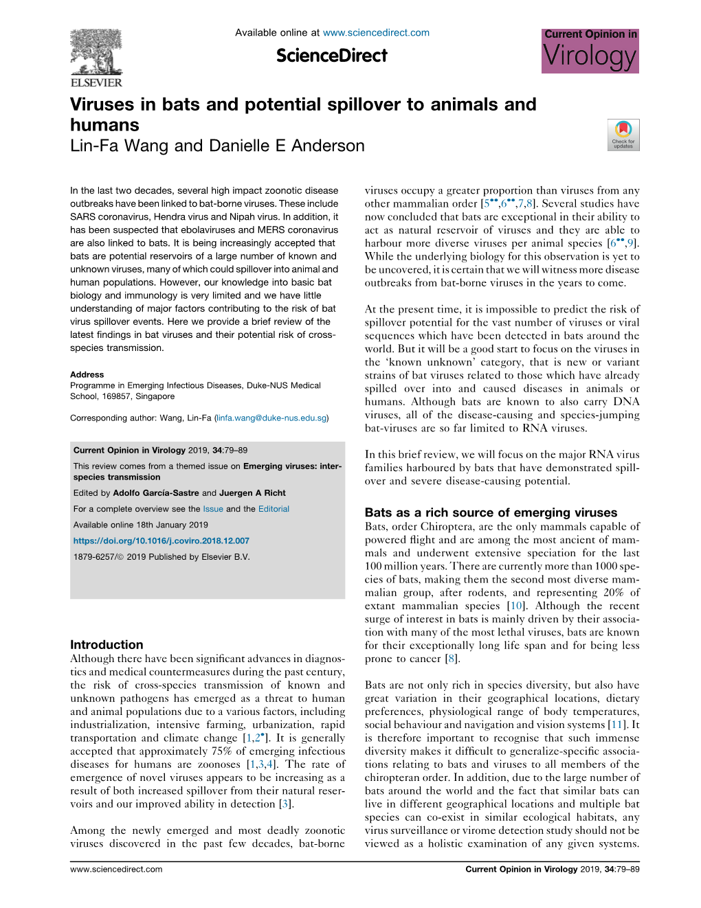 Viruses in Bats and Potential Spillover to Animals and Humans Wang and Anderson 81