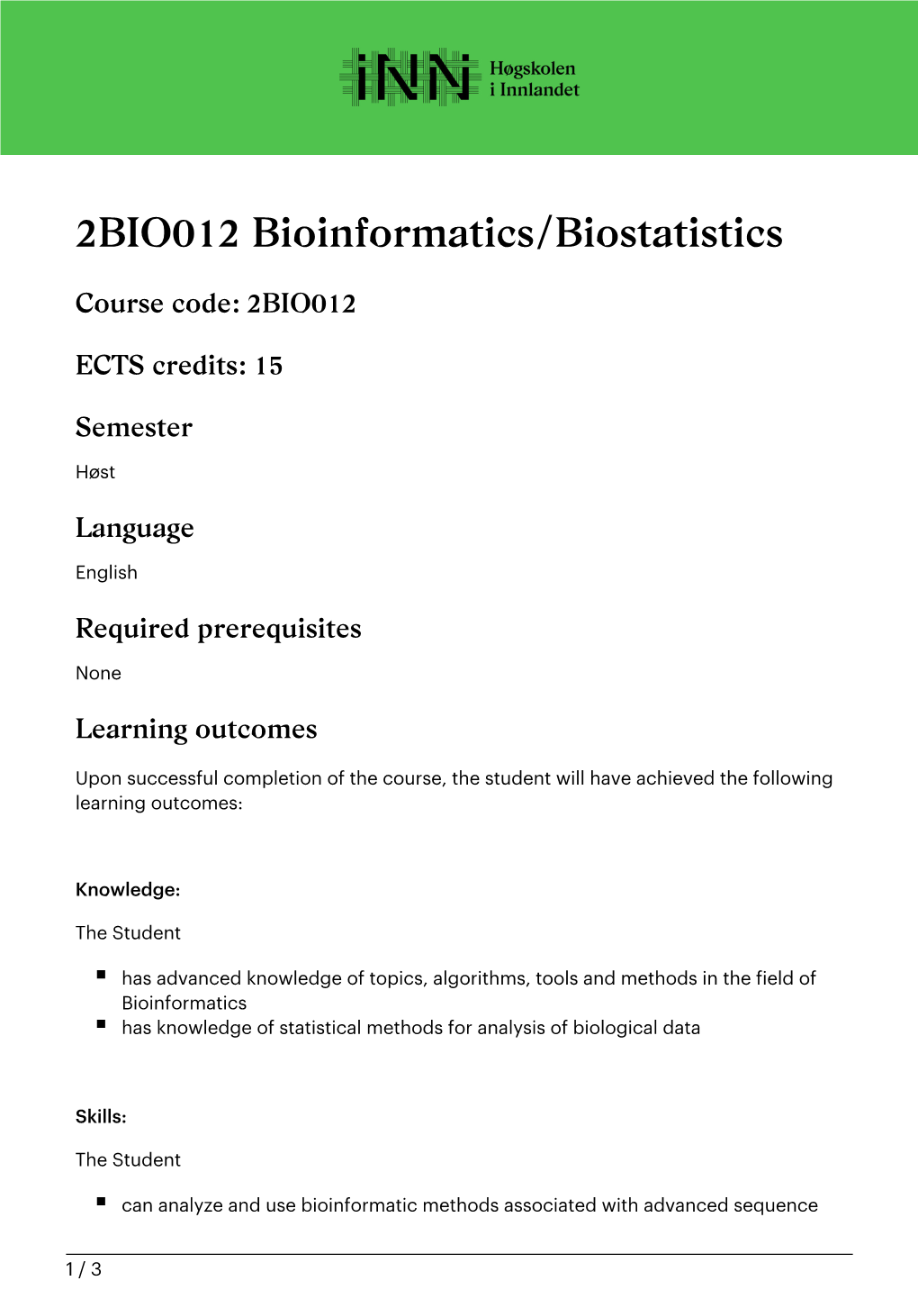 2BIO012 Bioinformatics/Biostatistics