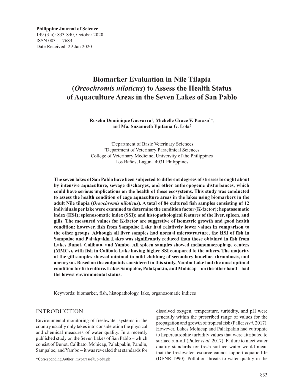 Biomarker Evaluation in Nile Tilapia (Oreochromis Niloticus) to Assess the Health Status of Aquaculture Areas in the Seven Lakes of San Pablo
