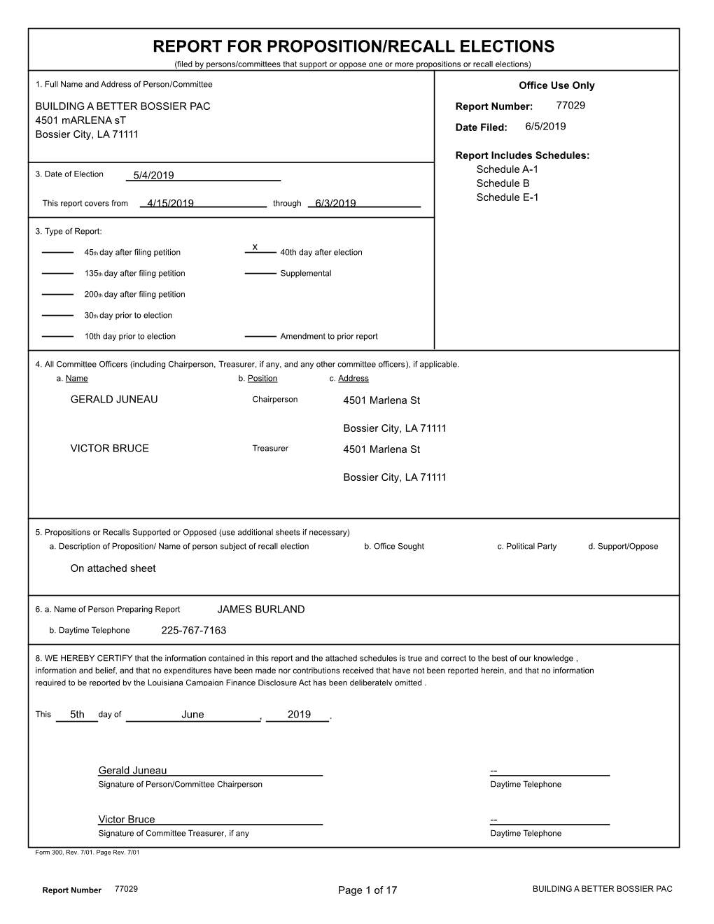 REPORT for PROPOSITION/RECALL ELECTIONS (Filed by Persons/Committees That Support Or Oppose One Or More Propositions Or Recall Elections)