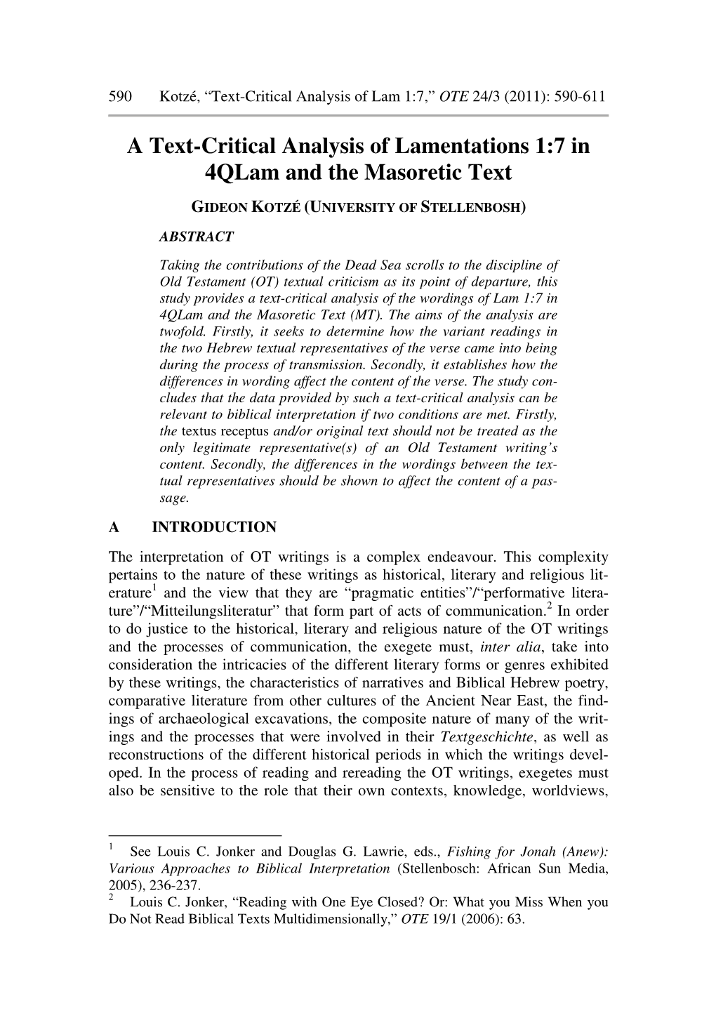 A Text-Critical Analysis of Lamentations 1:7 in 4Qlam and the Masoretic Text