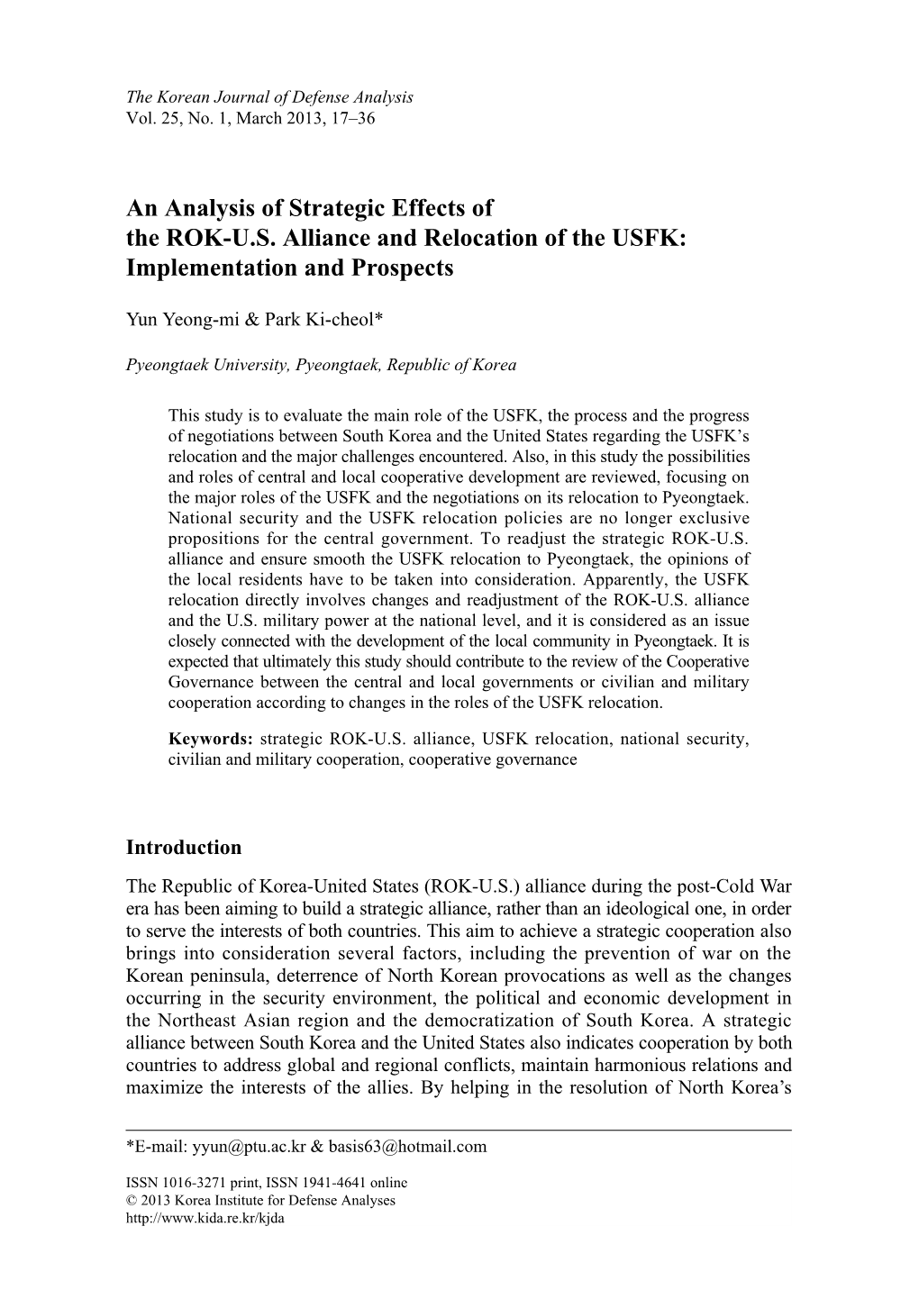 An Analysis of Strategic Effects of the ROK-U.S. Alliance and Relocation of the USFK: Implementation and Prospects