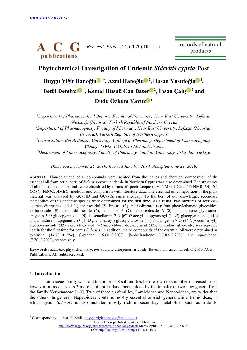 Phytochemical Investigation of Endemic Sideritis Cypria Post