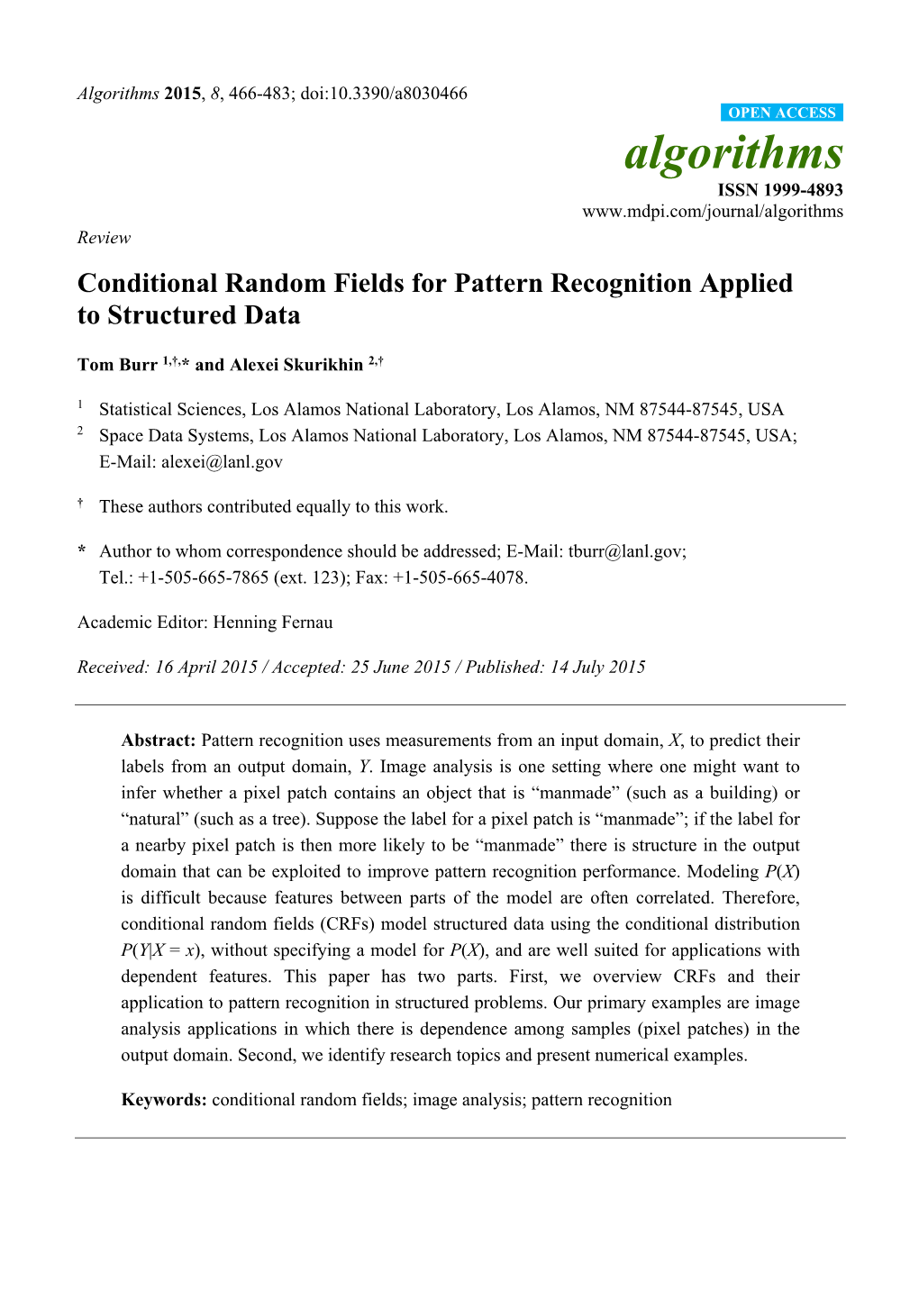 Conditional Random Fields for Pattern Recognition Applied to Structured Data