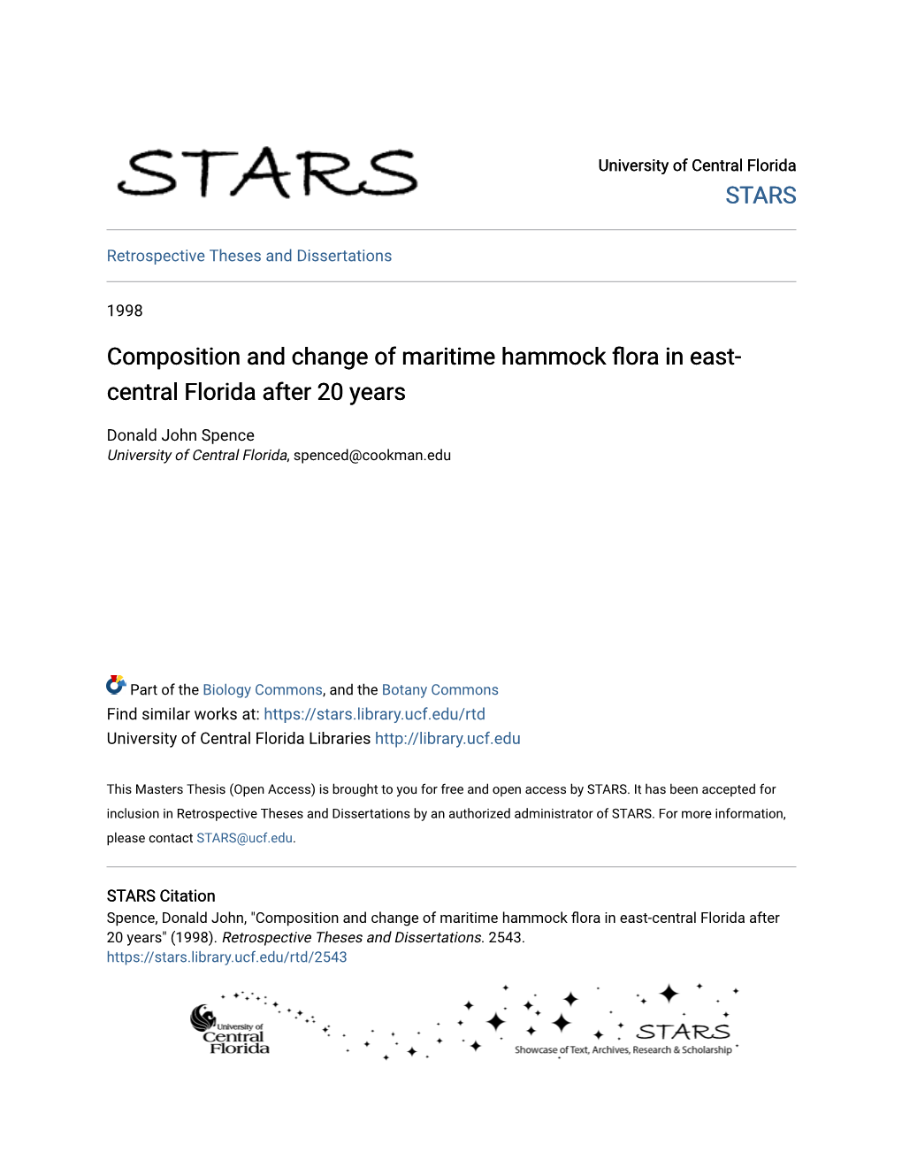 Composition and Change of Maritime Hammock Flora in East-Central Florida After 20 Years" (1998)