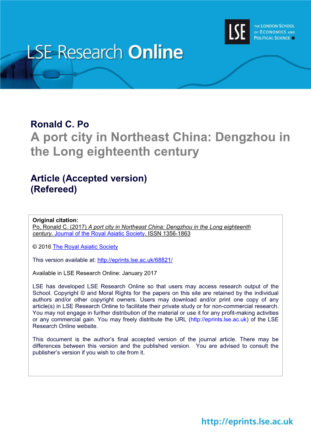 A Port City in Northeast China: Dengzhou in the Long Eighteenth Century