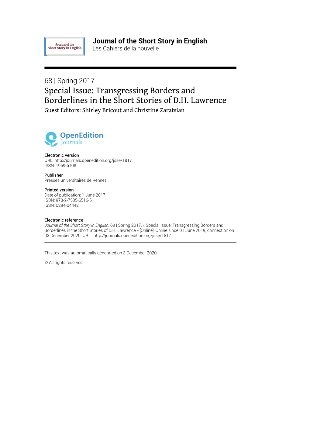 Journal of the Short Story in English, 68 | Spring 2017, « Special Issue: Transgressing Borders and Borderlines in the Short Stories of D.H