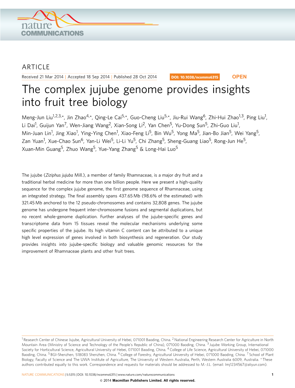 The Complex Jujube Genome Provides Insights Into Fruit Tree Biology