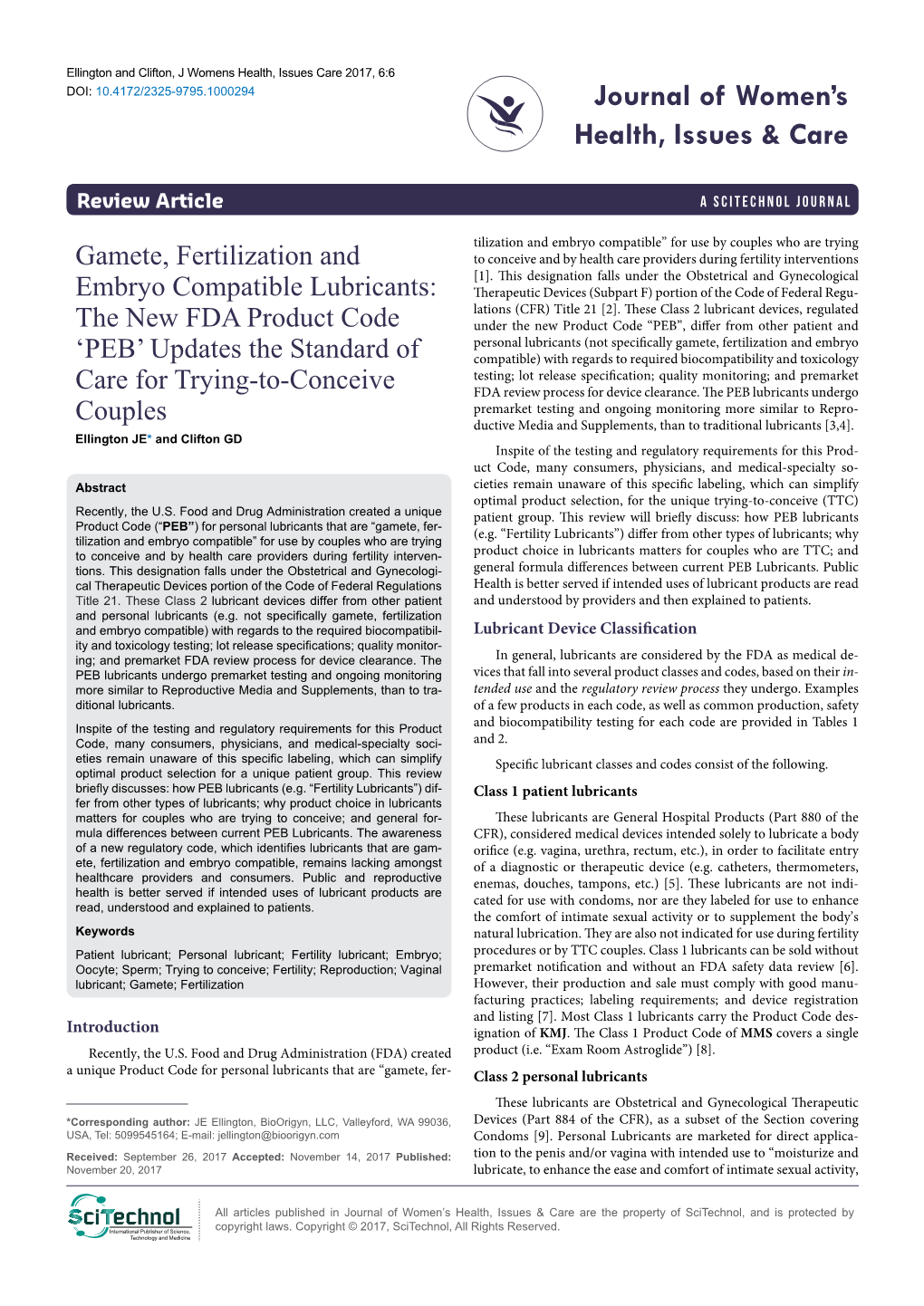 Gamete, Fertilization and Embryo Compatible Lubricants: the New FDA Product Code ‘PEB’ Updates the Standard of Care for Trying-To-Conceive Couples