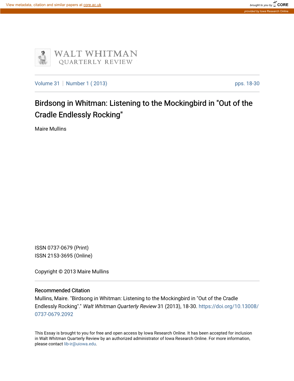 Birdsong in Whitman: Listening to the Mockingbird in "Out of the Cradle Endlessly Rocking"