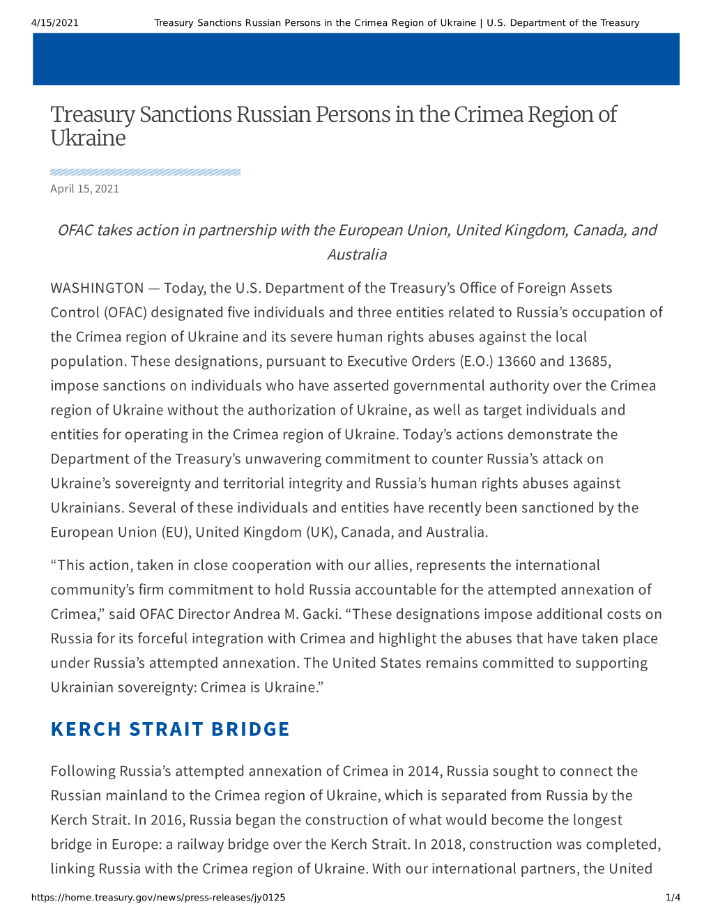 Treasury Sanctions Russian Persons in the Crimea Region of Ukraine | U.S