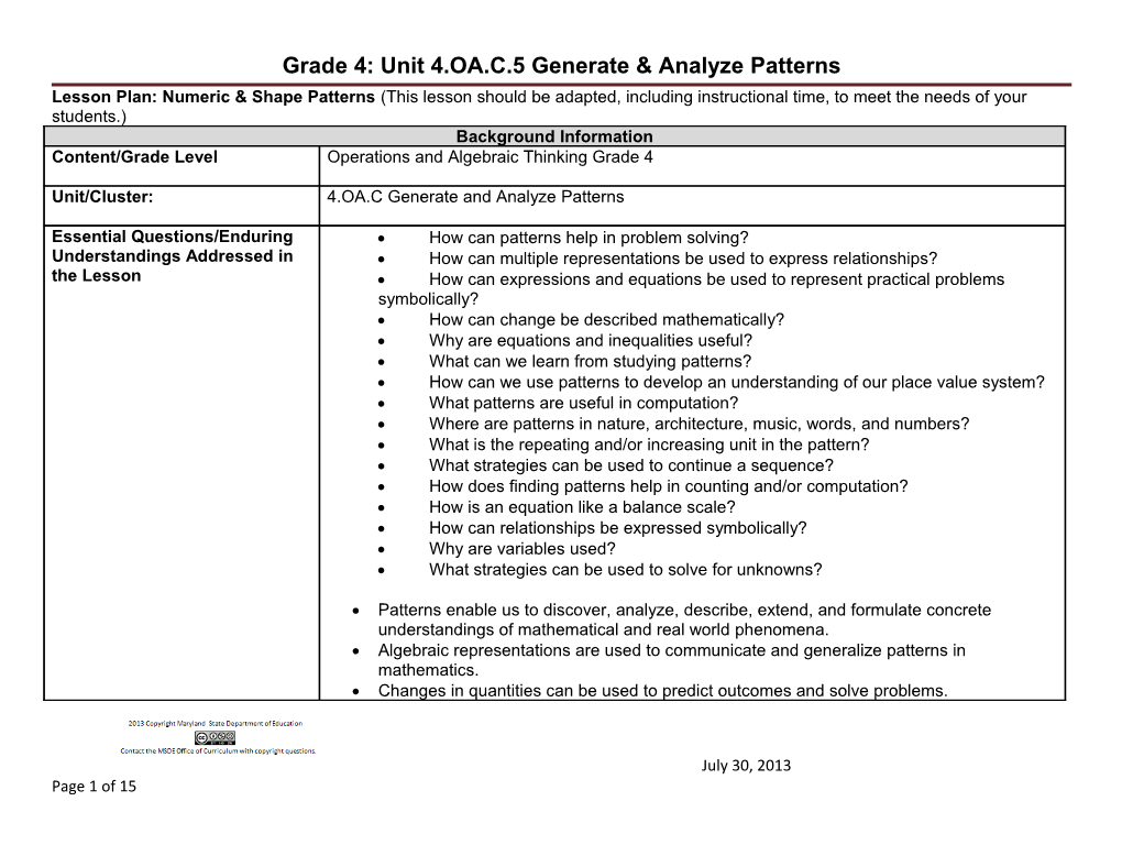 Grade 4: Unit 4.OA.C.5 Generate & Analyze Patterns