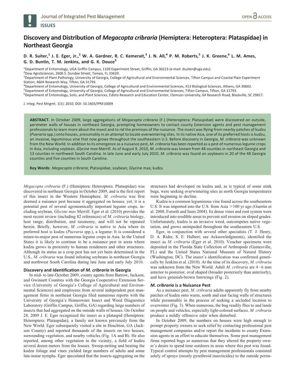 Discovery and Distribution of Megacopta Cribraria (Hemiptera: Heteroptera: Plataspidae) in Northeast Georgia