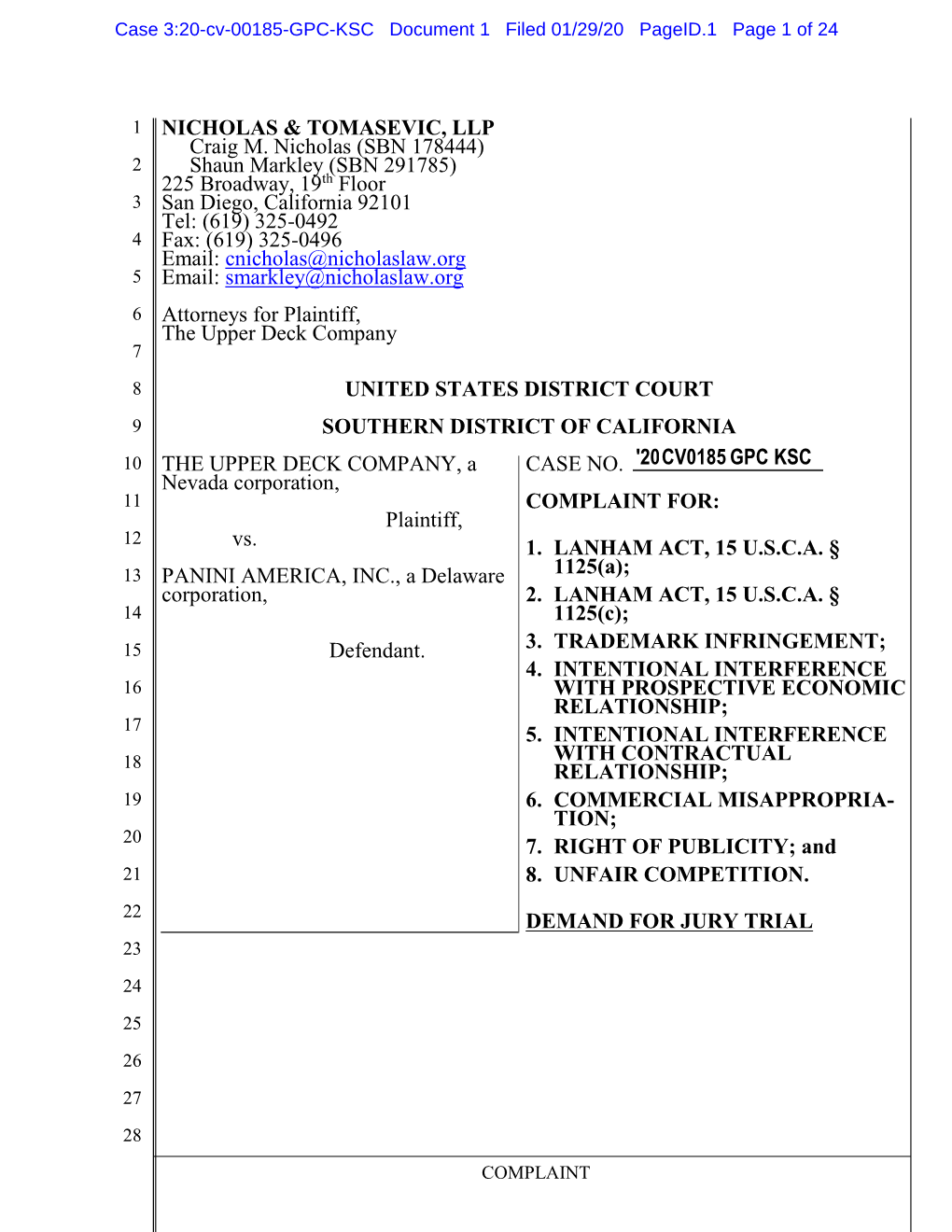 Case 3:20-Cv-00185-GPC-KSC Document 1 Filed 01/29/20 Pageid.1 Page 1 of 24