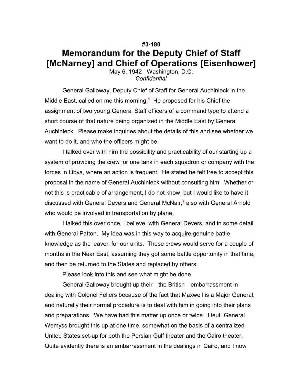 Memorandum for the Deputy Chief of Staff Mcnarney and Chief of Operations Eisenhower