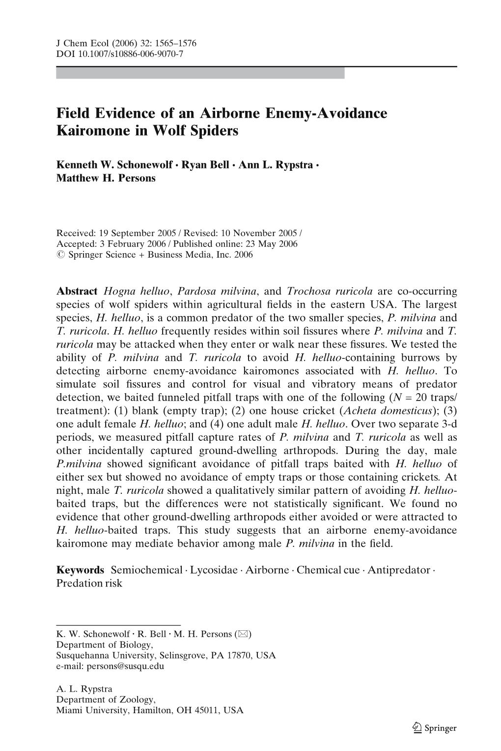 Field Evidence of an Airborne Enemy-Avoidance Kairomone in Wolf Spiders