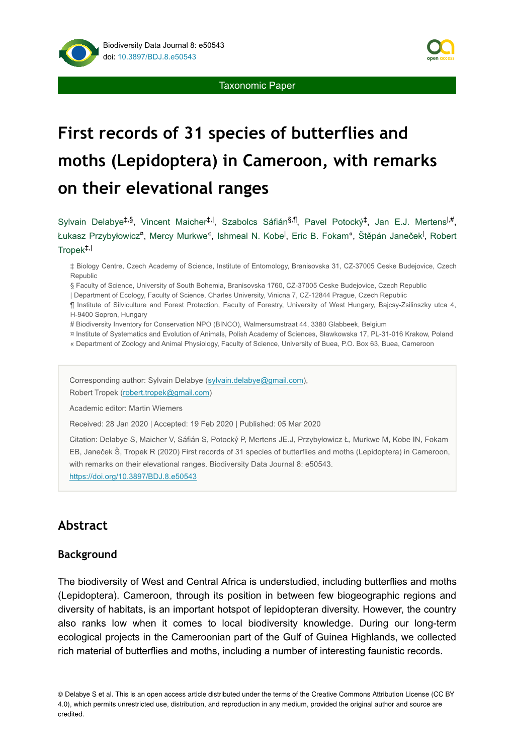 First Records of 31 Species of Butterflies and Moths (Lepidoptera) in Cameroon, with Remarks on Their Elevational Ranges