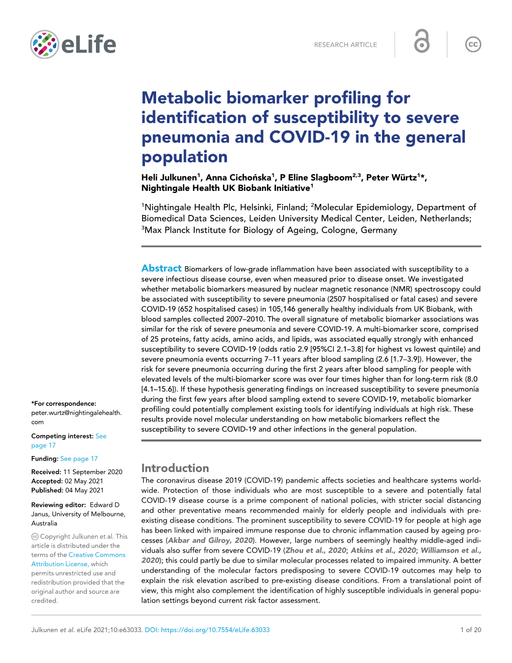 Metabolic Biomarker Profiling for Identification of Susceptibility To