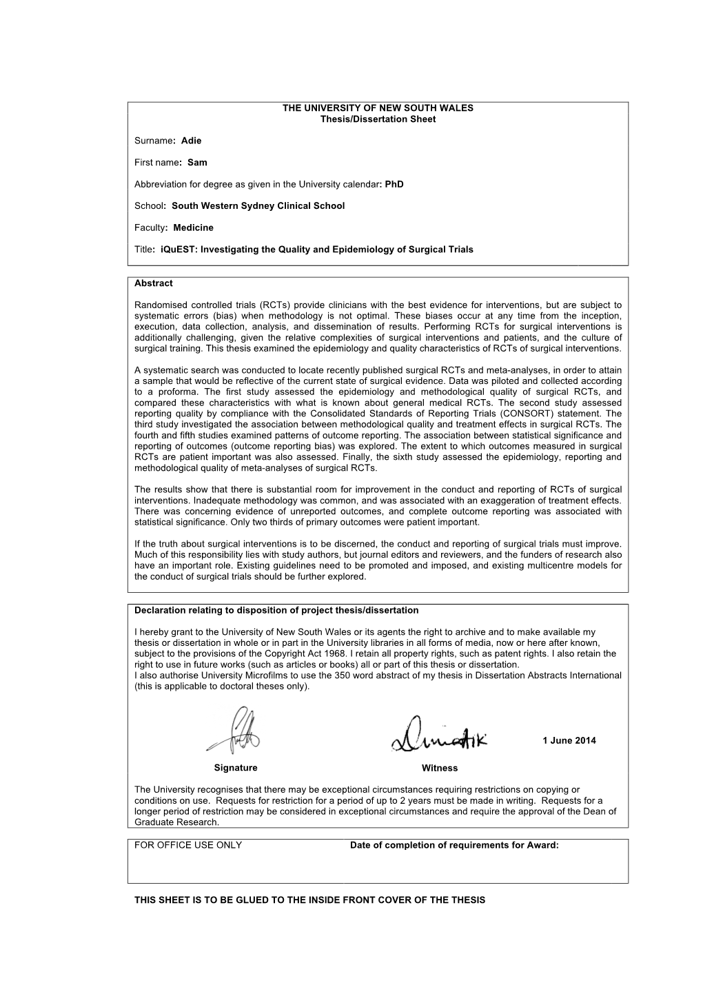 THE UNIVERSITY of NEW SOUTH WALES Thesis/Dissertation Sheet