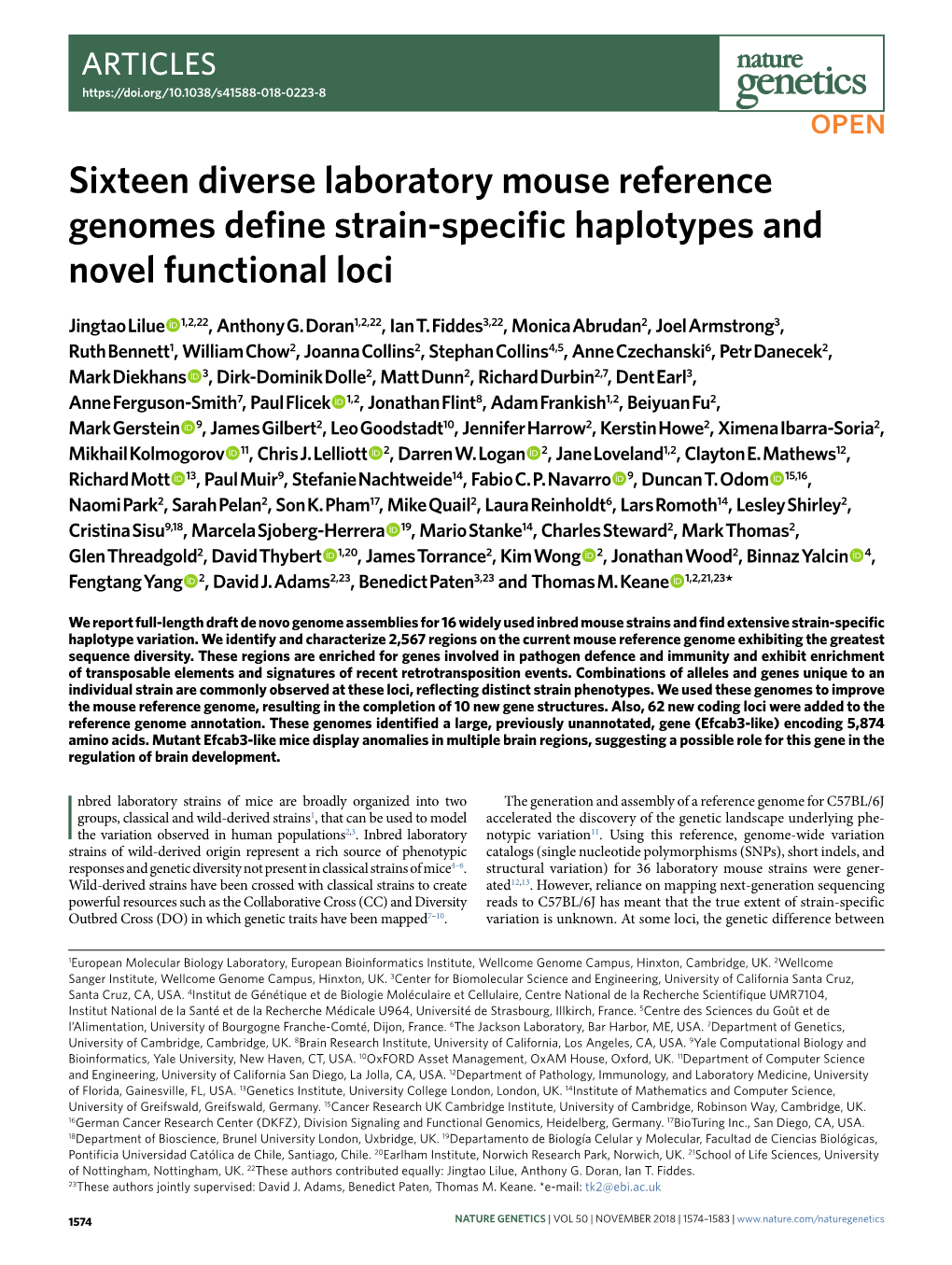 Sixteen Diverse Laboratory Mouse Reference Genomes Define Strain-Specific Haplotypes and Novel Functional Loci