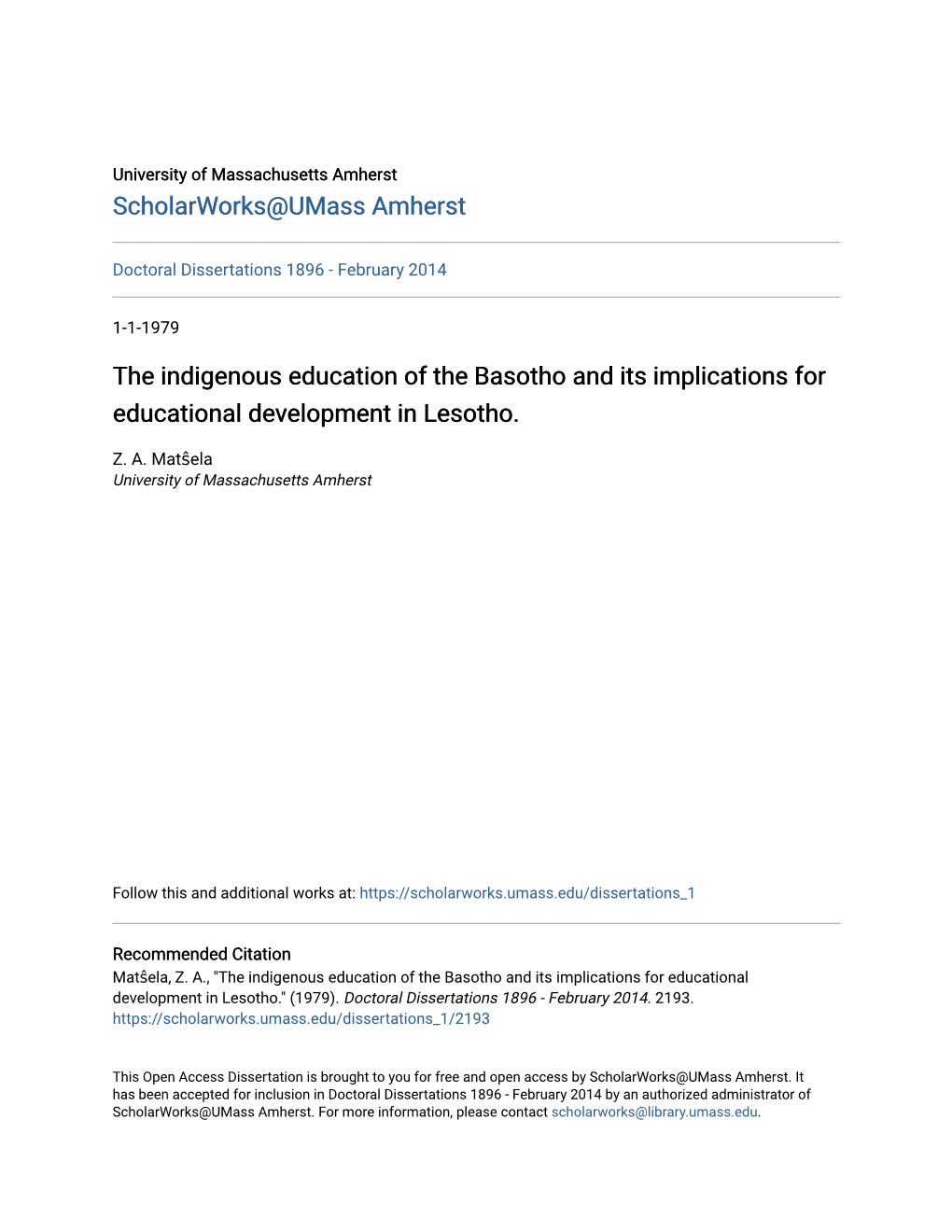 The Indigenous Education of the Basotho and Its Implications for Educational Development in Lesotho