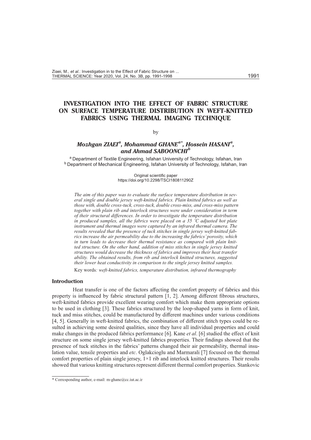 Investigation Into the Effect of Fabric Structure on Surface Temperature Distribution in Weft-Knitted Fabrics Using Thermal Imaging Technique