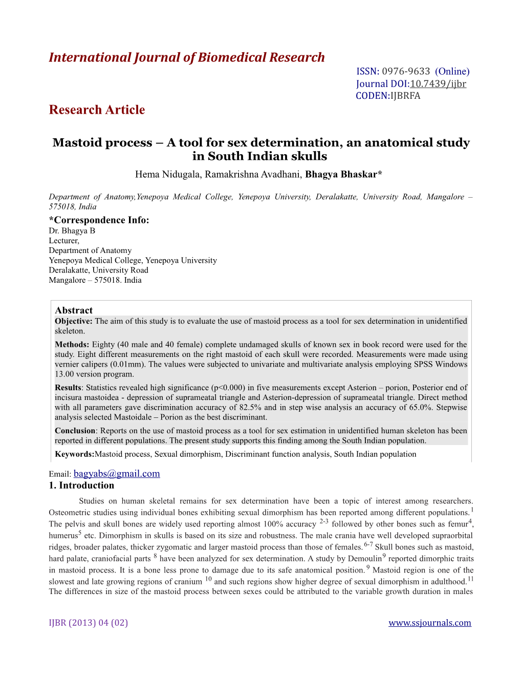 International Journal of Biomedical Research Research Article