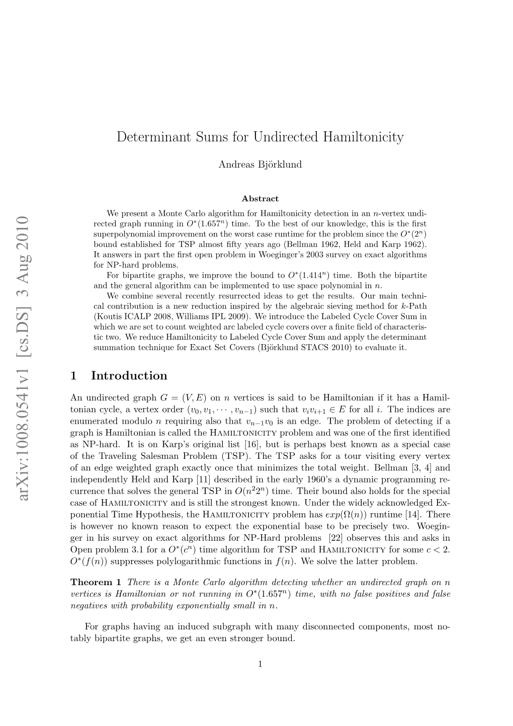 Determinant Sums for Undirected Hamiltonicity