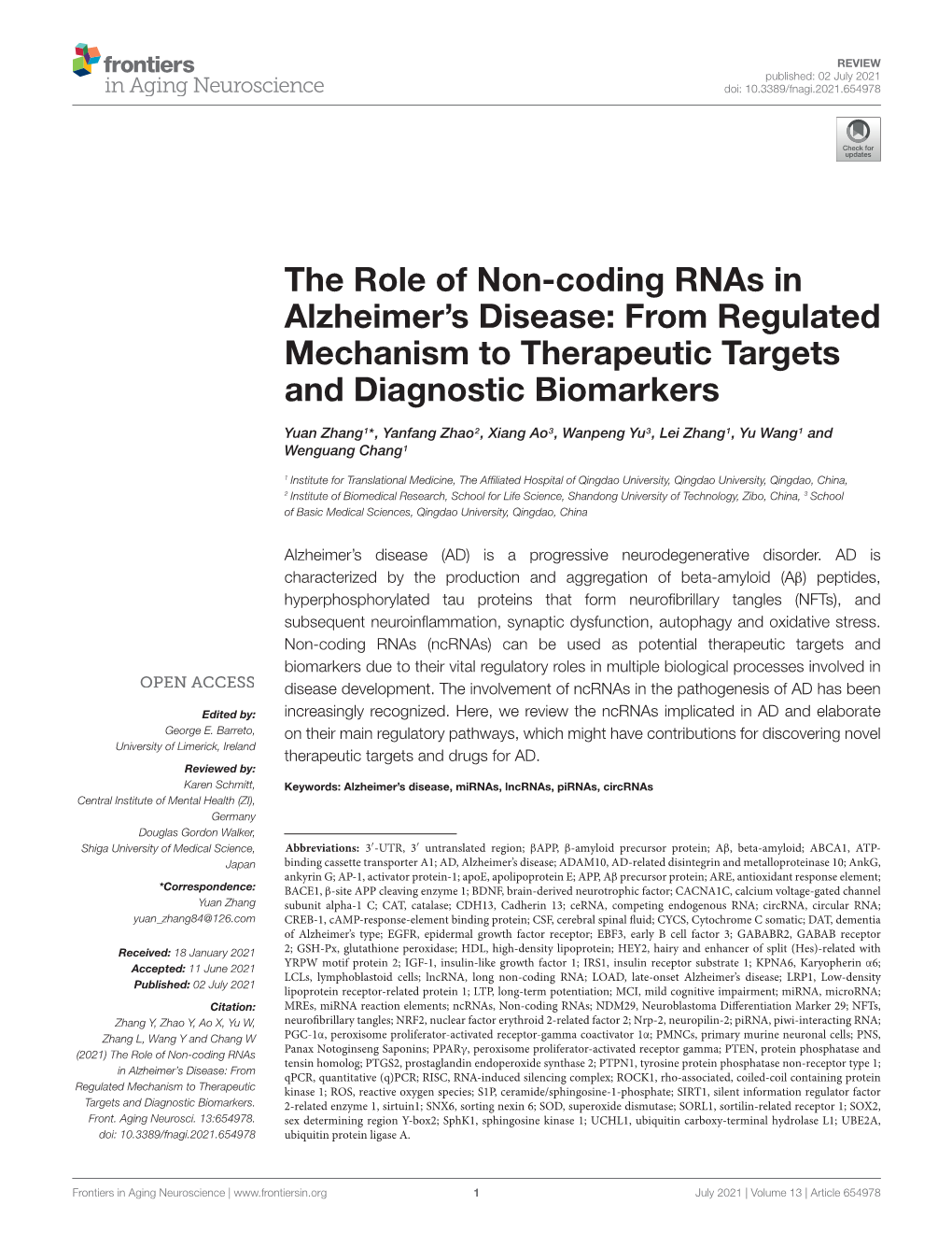The Role of Non-Coding Rnas in Alzheimer's Disease
