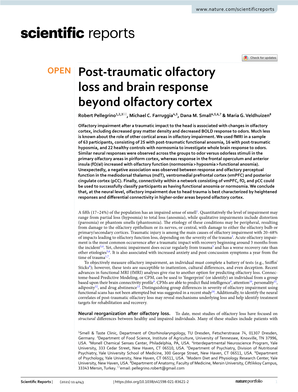 Post-Traumatic Olfactory Loss and Brain Response Beyond Olfactory Cortex