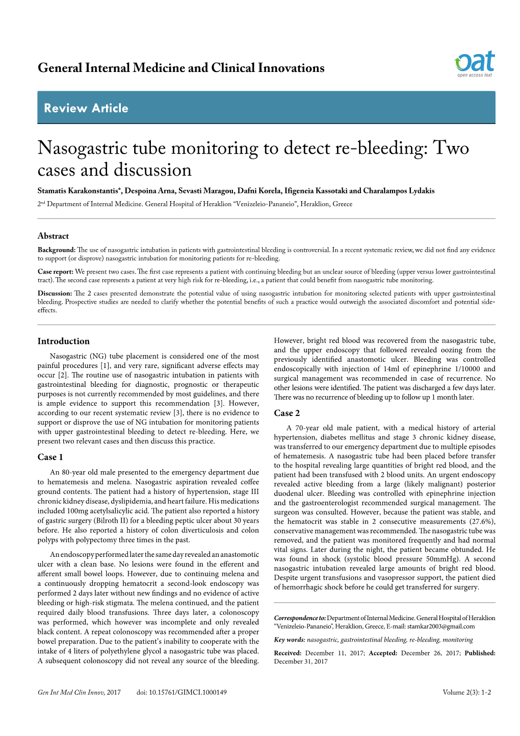 Nasogastric Tube Monitoring to Detect Re-Bleeding