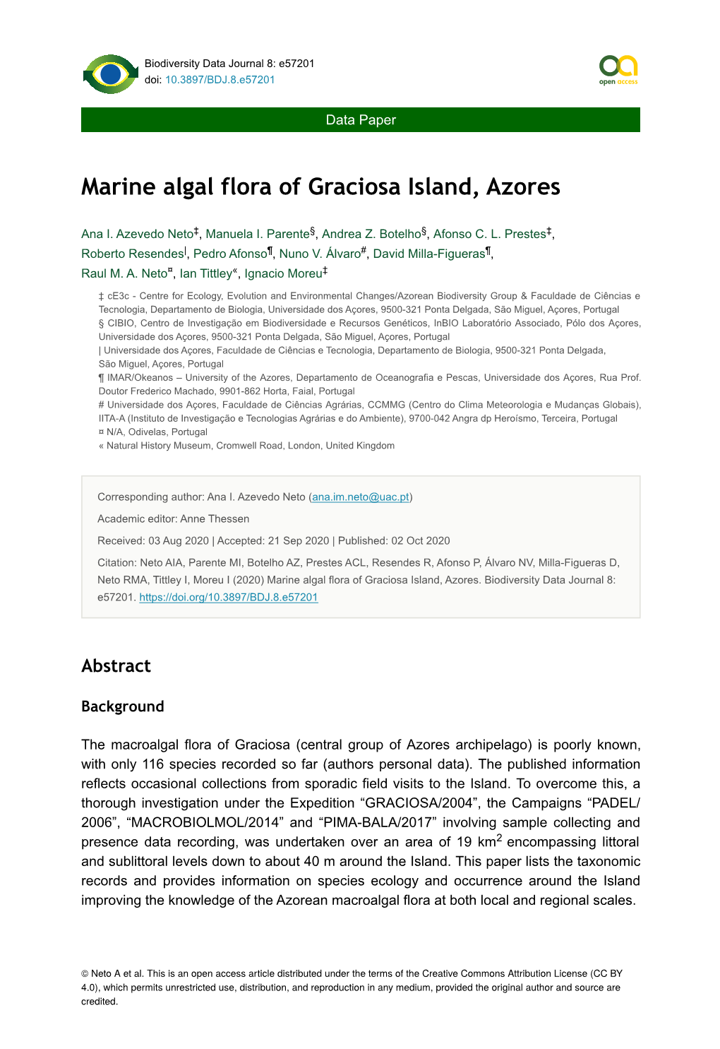 Marine Algal Flora of Graciosa Island, Azores