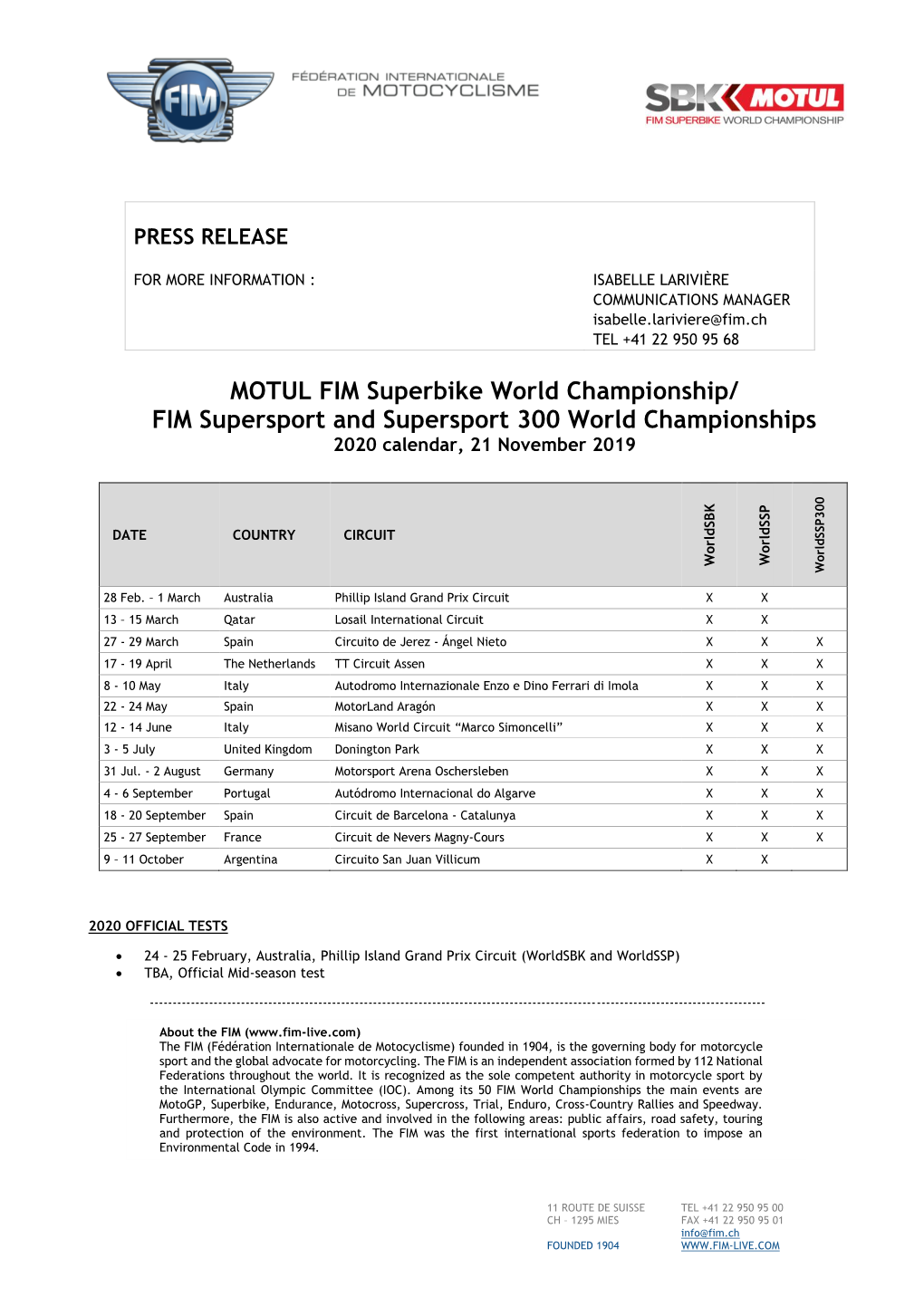 MOTUL FIM Superbike World Championship/ FIM Supersport and Supersport 300 World Championships 2020 Calendar, 21 November 2019