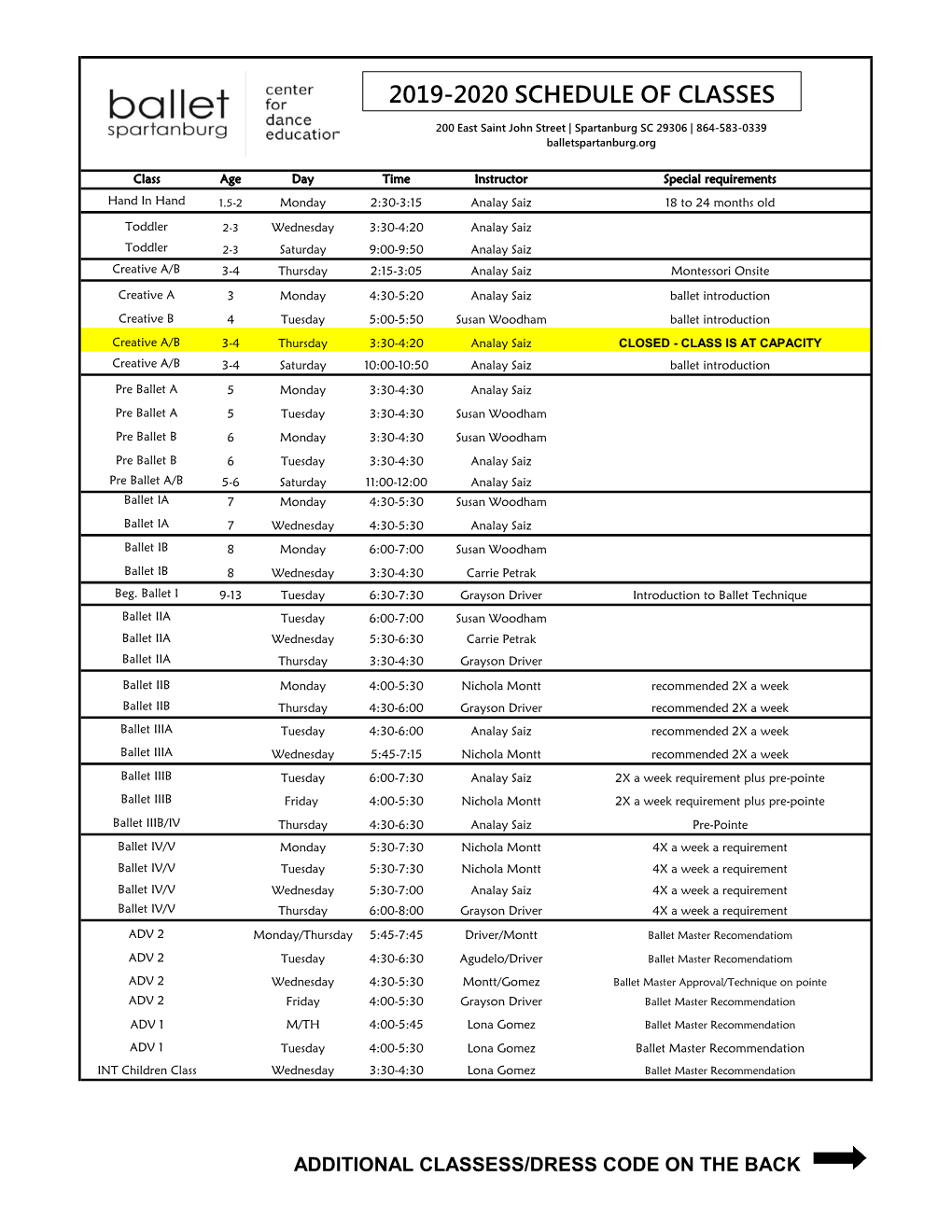 2019-2020 Schedule of Classes