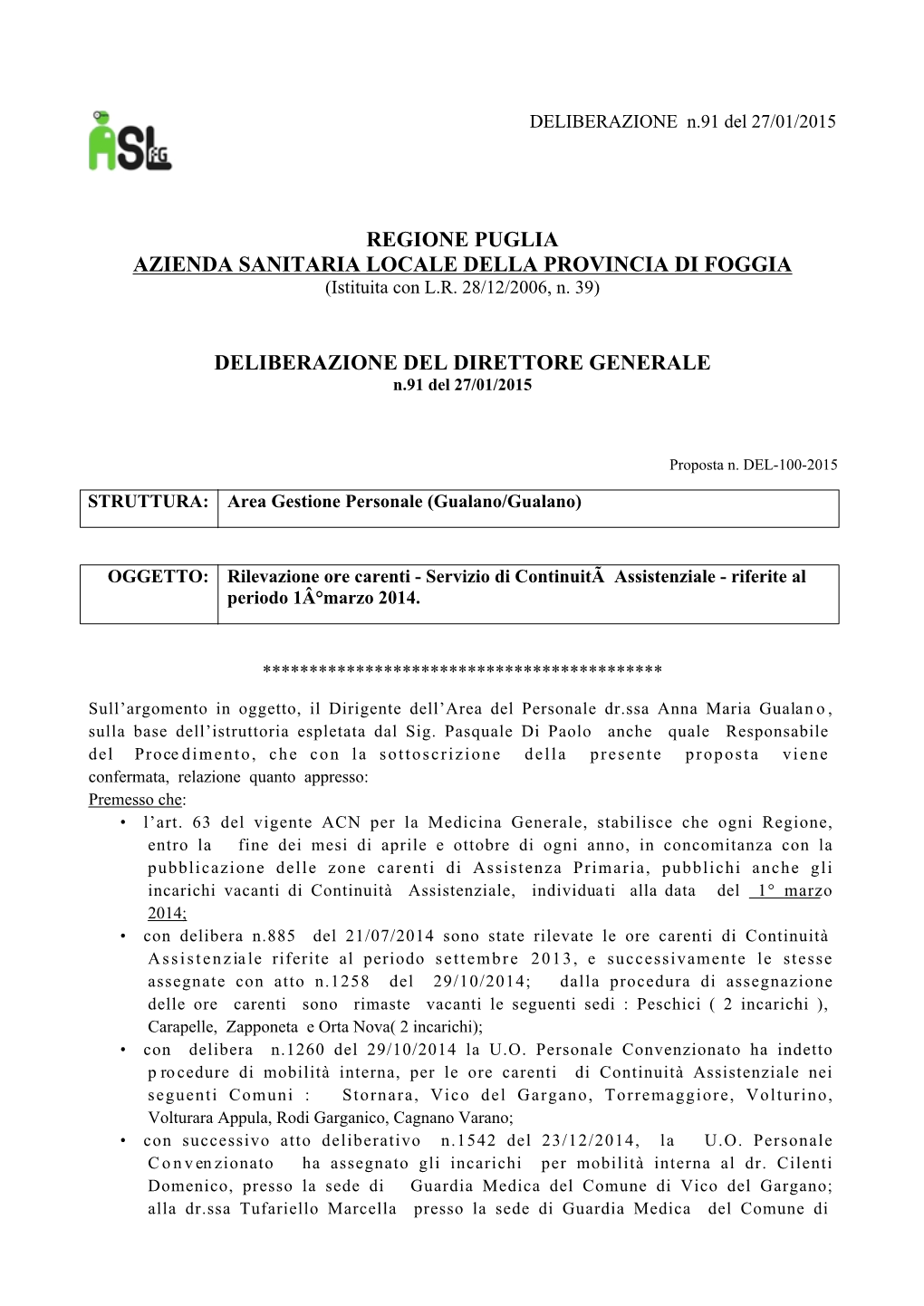 Regione Puglia Azienda Sanitaria Locale Della Provincia Di Foggia Deliberazione Del Direttore Generale