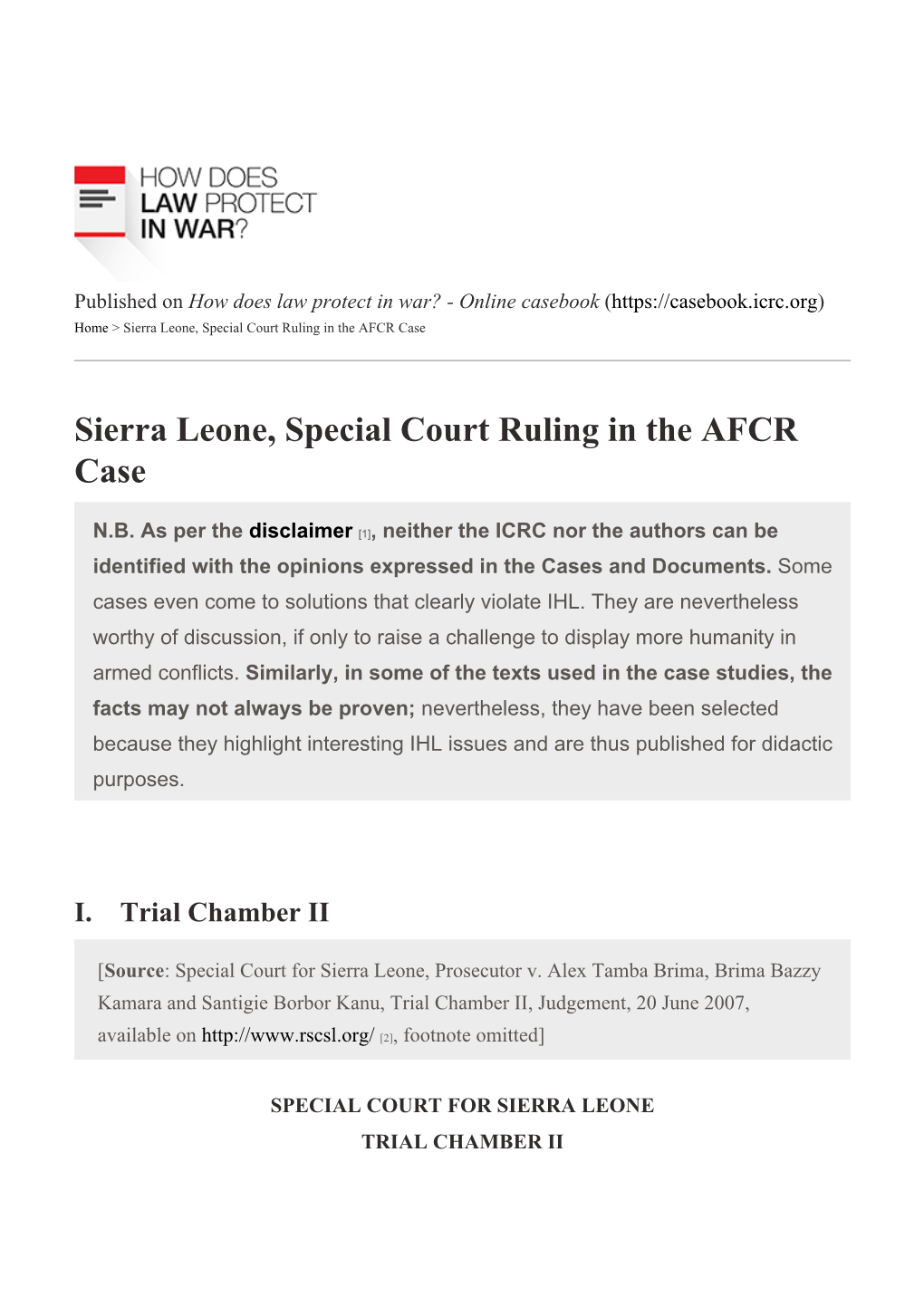 Sierra Leone, Special Court Ruling in the AFCR Case