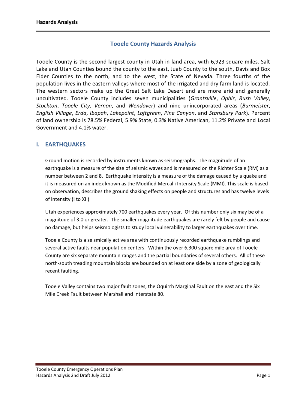 Tooele County Hazards Analysis I. EARTHQUAKES