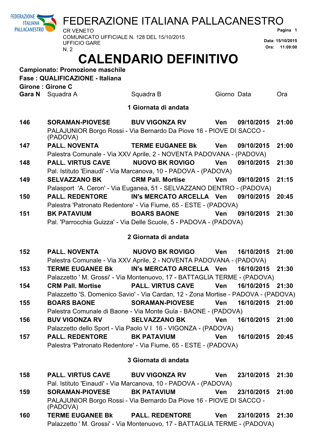 CALENDARIO DEFINITIVO Campionato: Promozione Maschile Fase : QUALIFICAZIONE - Italiana Girone : Girone C Gara N Squadra a Squadra B Giorno Data Ora