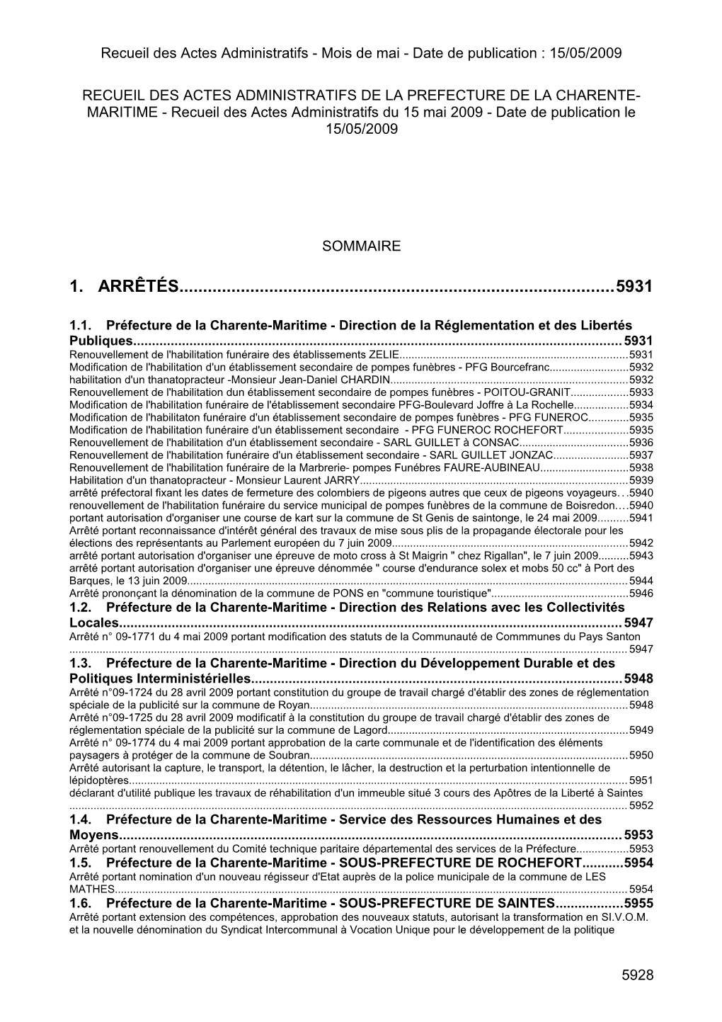Recueil Des Actes Administratifs - Mois De Mai - Date De Publication : 15/05/2009