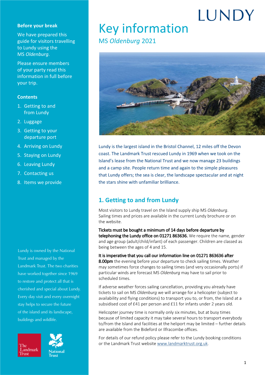 Key Information Guide for Visitors Travelling MS Oldenburg 2021 to Lundy Using the MS Oldenburg