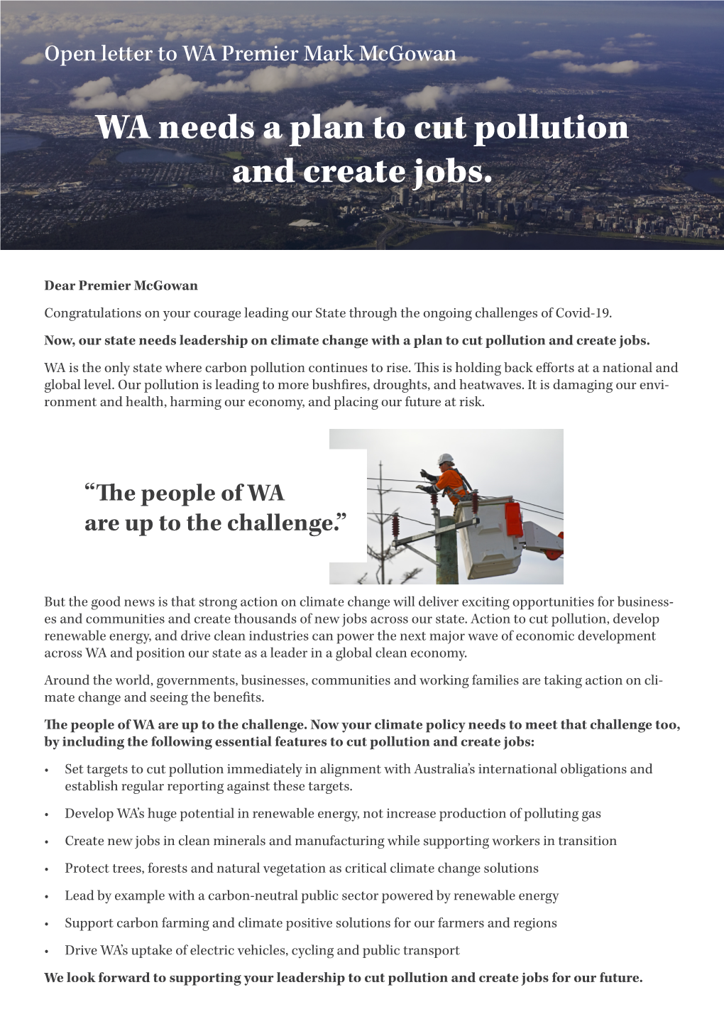 Open Letter to WA Premier Re Climate Change, Pollution and Jobs