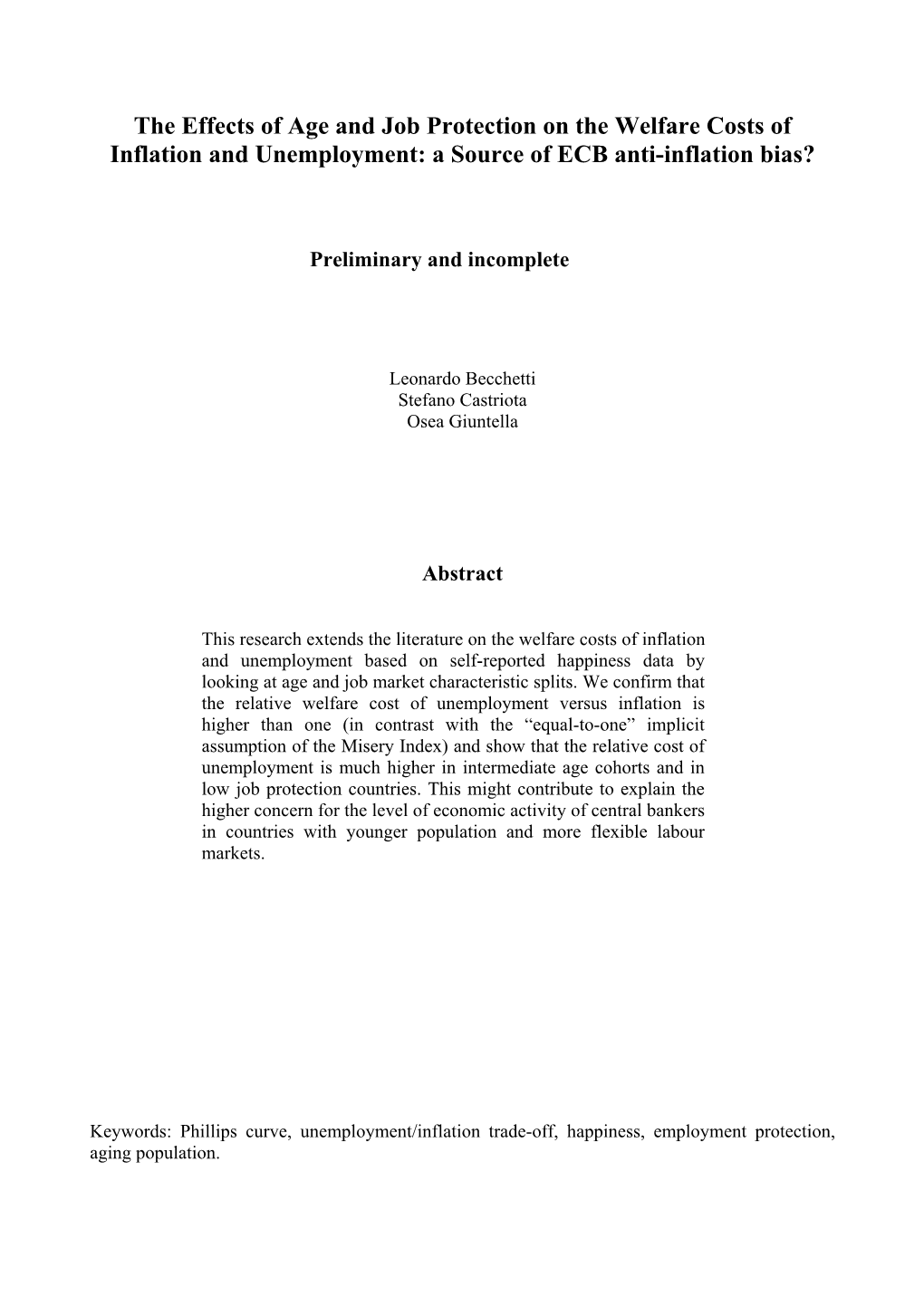 The Effects of Age and Job Protection on the Welfare Costs of Inflation and Unemployment: a Source of ECB Anti-Inflation Bias?