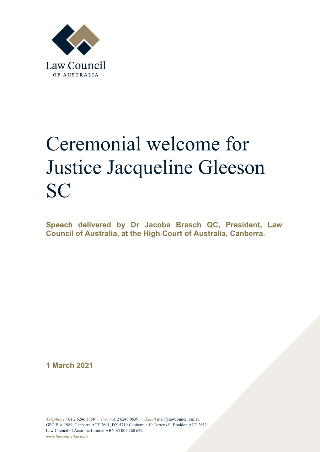 Ceremonial Welcome for Justice Jacqueline Gleeson SC