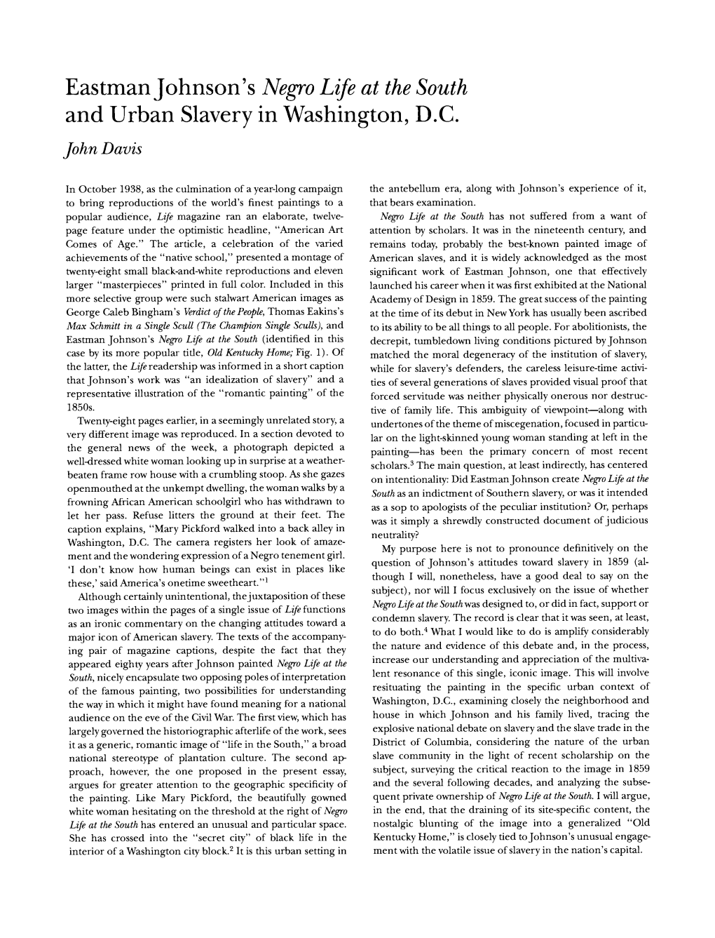 Eastman Johnson's Negro Life at the South and Urban Slavery in Washington,D.C