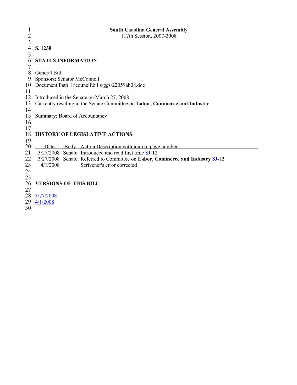 2007-2008 Bill 1238: Board of Accountancy - South Carolina Legislature Online