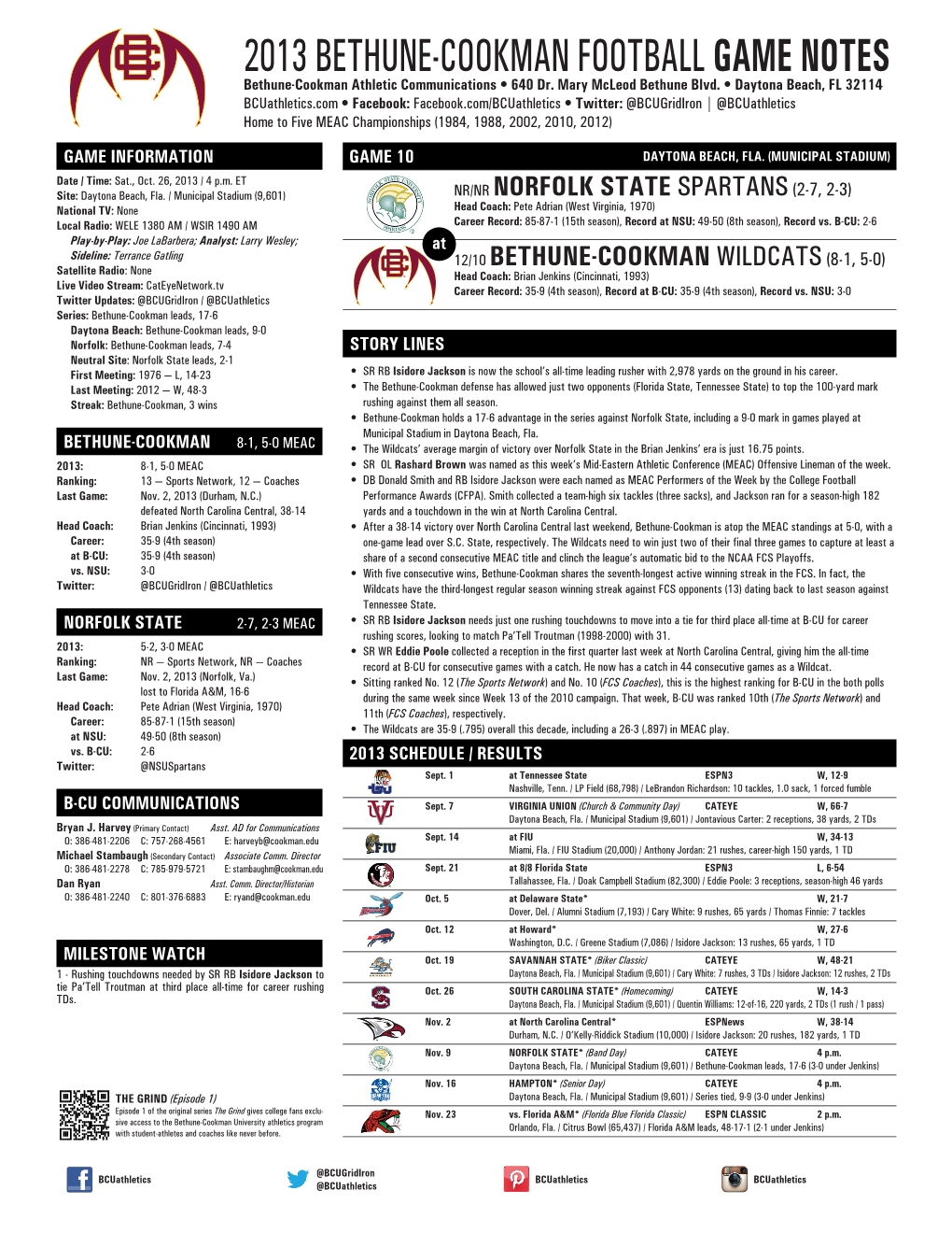 2013 BETHUNE-COOKMAN FOOTBALL GAME NOTES Bethune-Cookman Athletic Communications • 640 Dr