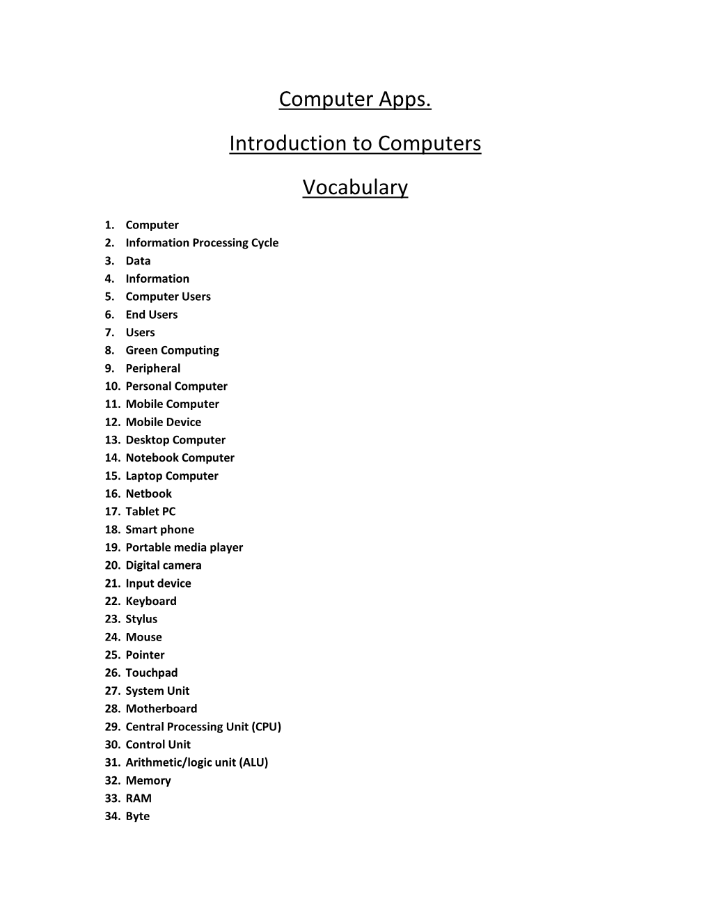 Computer Apps. Introduction to Computers Vocabulary
