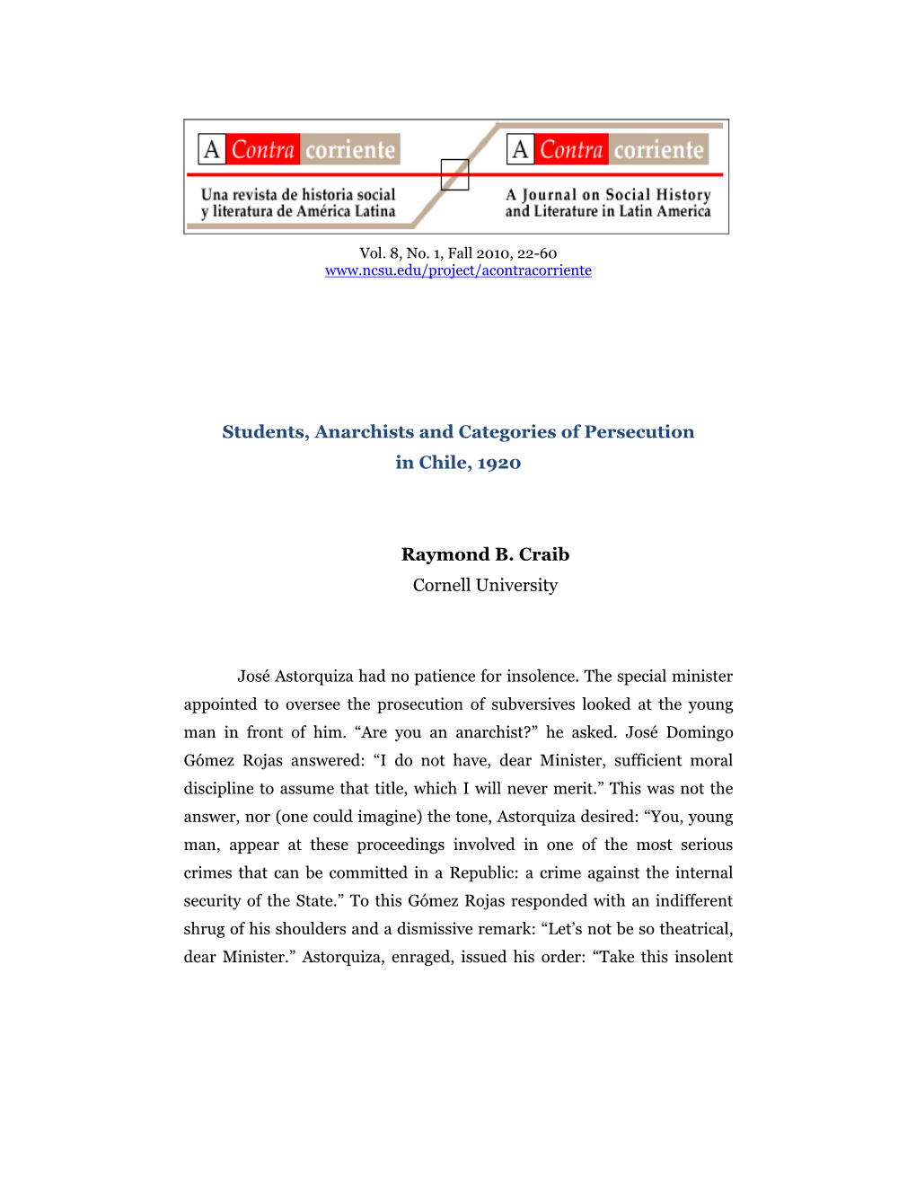 Students, Anarchists and Categories of Persecution in Chile, 1920