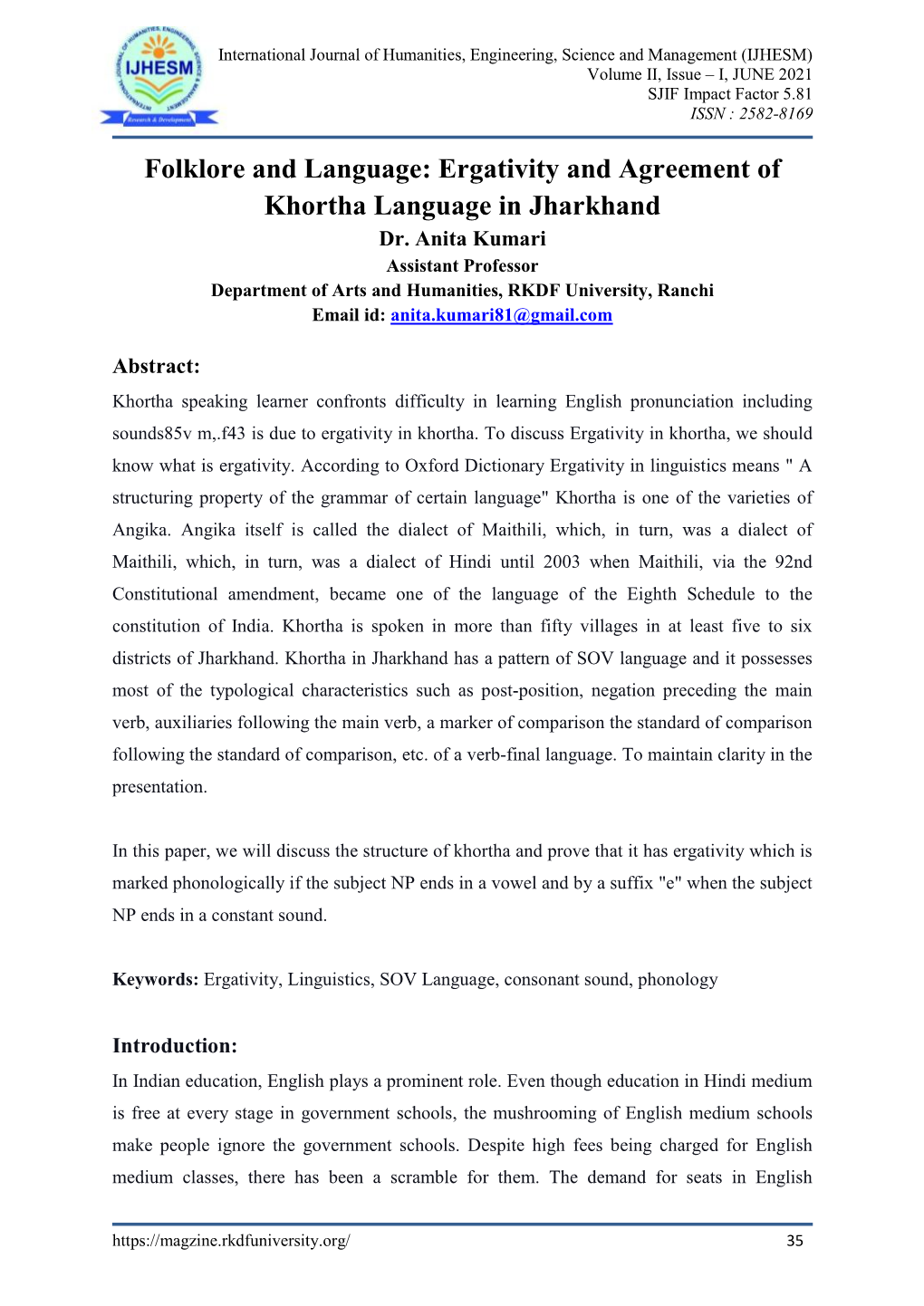 Ergativity and Agreement of Khortha Language in Jharkhand Dr